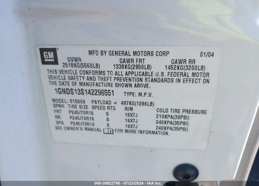 2004 CHEVROLET TRAILBLAZER VIN: 1GNDS13S142296551
