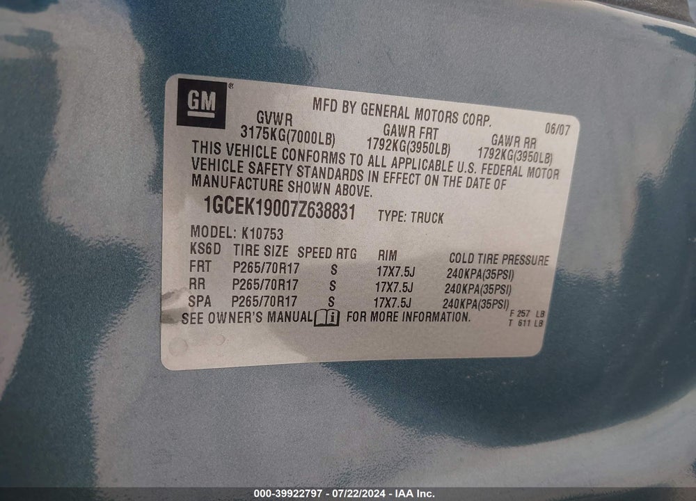 2007 CHEVROLET SILVERADO 1500 LT1 VIN: 1GCEK19007Z638831