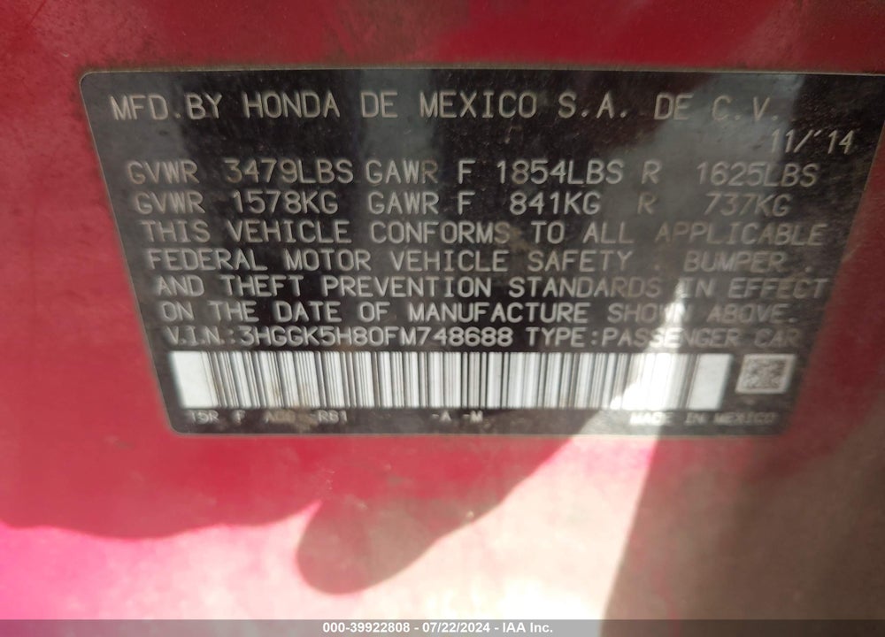 2015 HONDA FIT EX/EX-L VIN: 3HGGK5H80FM748688