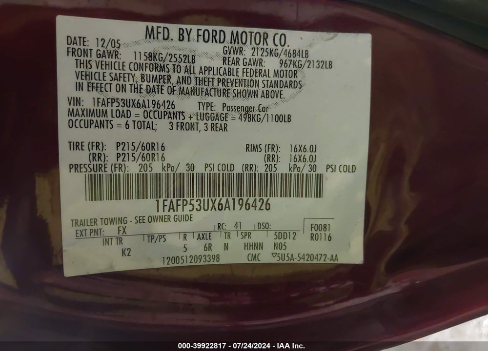 2006 FORD TAURUS SE VIN: 1FAFP53UX6A196426