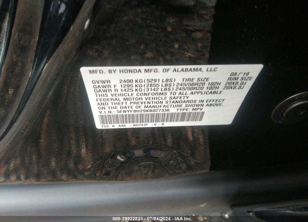 2019 HONDA PASSPORT SPORT VIN: 5FNYF8H29KB027336