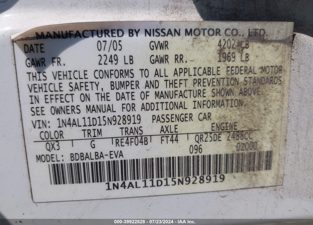2005 NISSAN ALTIMA 2.5 S VIN: 1N4AL11D15N928919