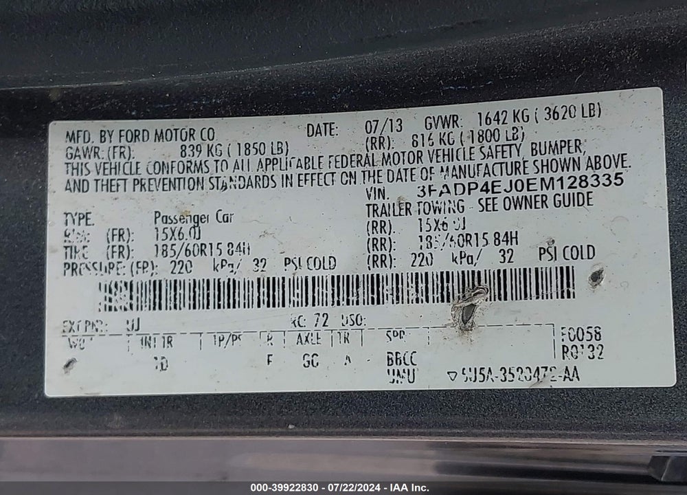 2014 FORD FIESTA SE VIN: 3FADP4EJ0EM128335