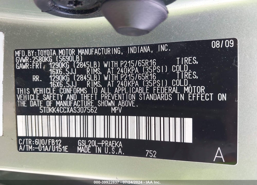 2010 TOYOTA SIENNA CE VIN: 5TDKK4CCXAS307562