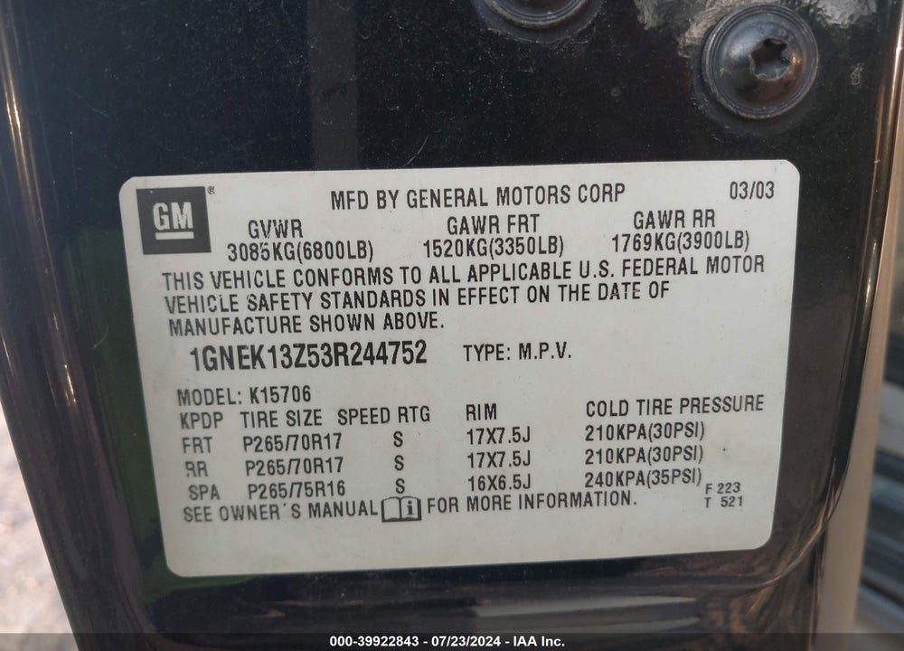 2003 CHEVROLET TAHOE Z71 VIN: 1GNEK13Z53R244752