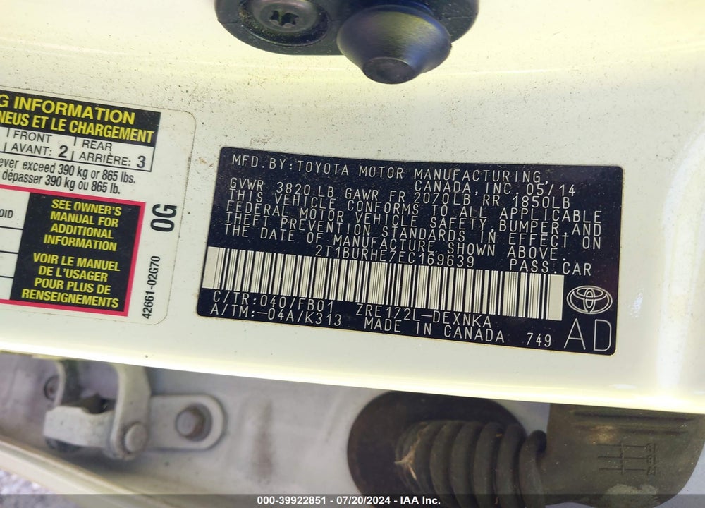 2014 TOYOTA COROLLA LE VIN: 2T1BURHE7EC169639