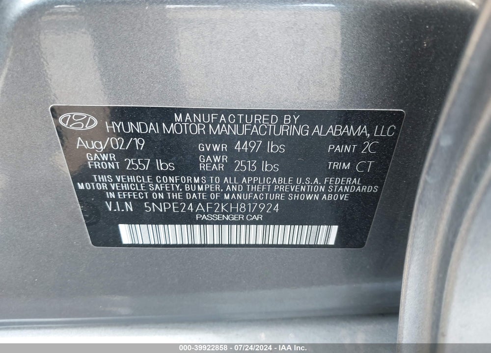 2019 HYUNDAI SONATA SE VIN: 5NPE24AF2KH817924