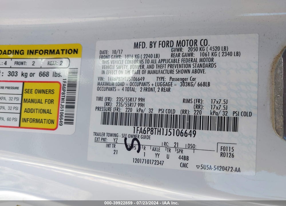 2018 FORD MUSTANG ECOBOOST VIN: 1FA6P8TH1J5106649