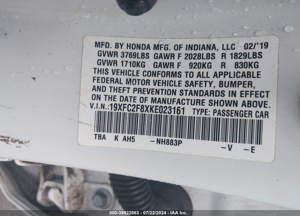 2019 HONDA CIVIC VIN: 19XFC2F8XKE023161