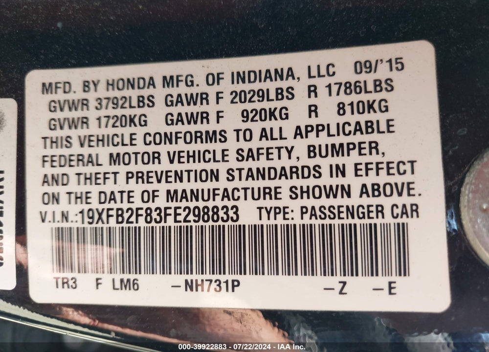 2015 HONDA CIVIC EX VIN: 19XFB2F83FE298833