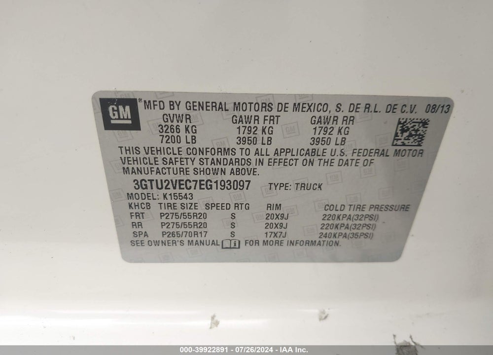 2014 GMC SIERRA 1500 SLT VIN: 3GTU2VEC7EG193097