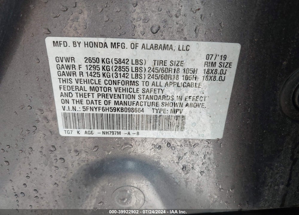 2019 HONDA PILOT EX-L VIN: 5FNYF6H59KB098664