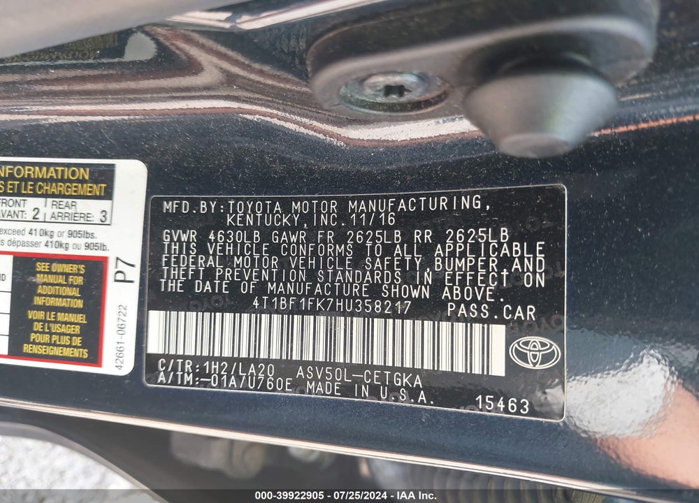 2017 TOYOTA CAMRY XLE VIN: 4T1BF1FK7HU358217