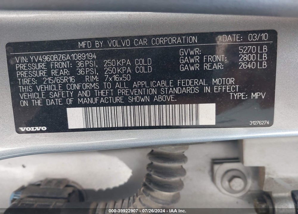 2010 VOLVO XC70 3.2 VIN: YV4960BZ6A1089194