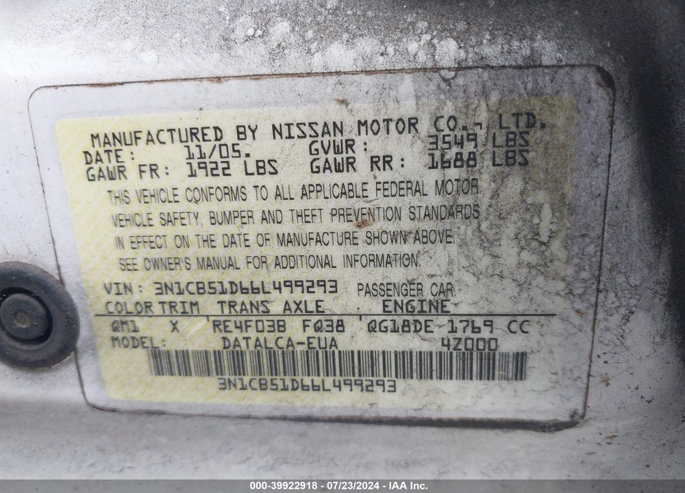 2006 NISSAN SENTRA 1.8 VIN: 3N1CB51D66L499293