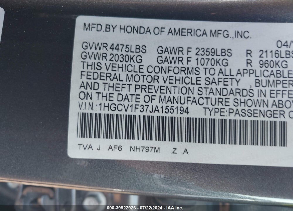2018 HONDA ACCORD SPORT VIN: 1HGCV1F37JA155194