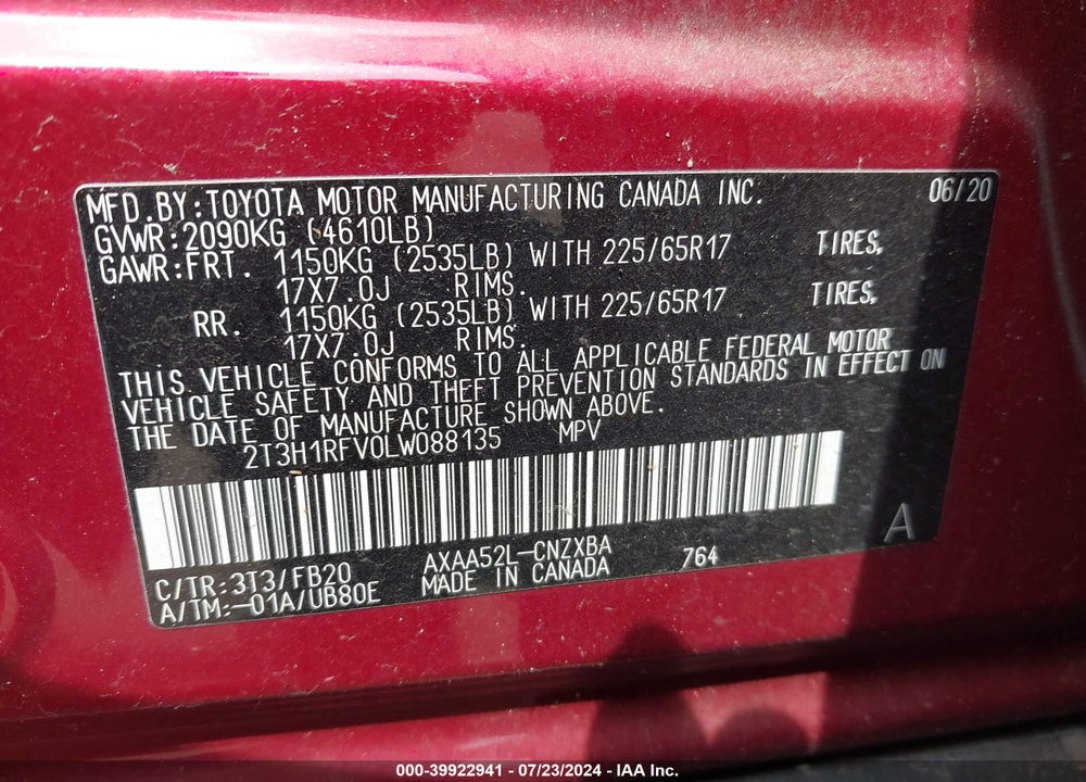 2020 TOYOTA RAV4 LE VIN: 2T3H1RFV0LW088135
