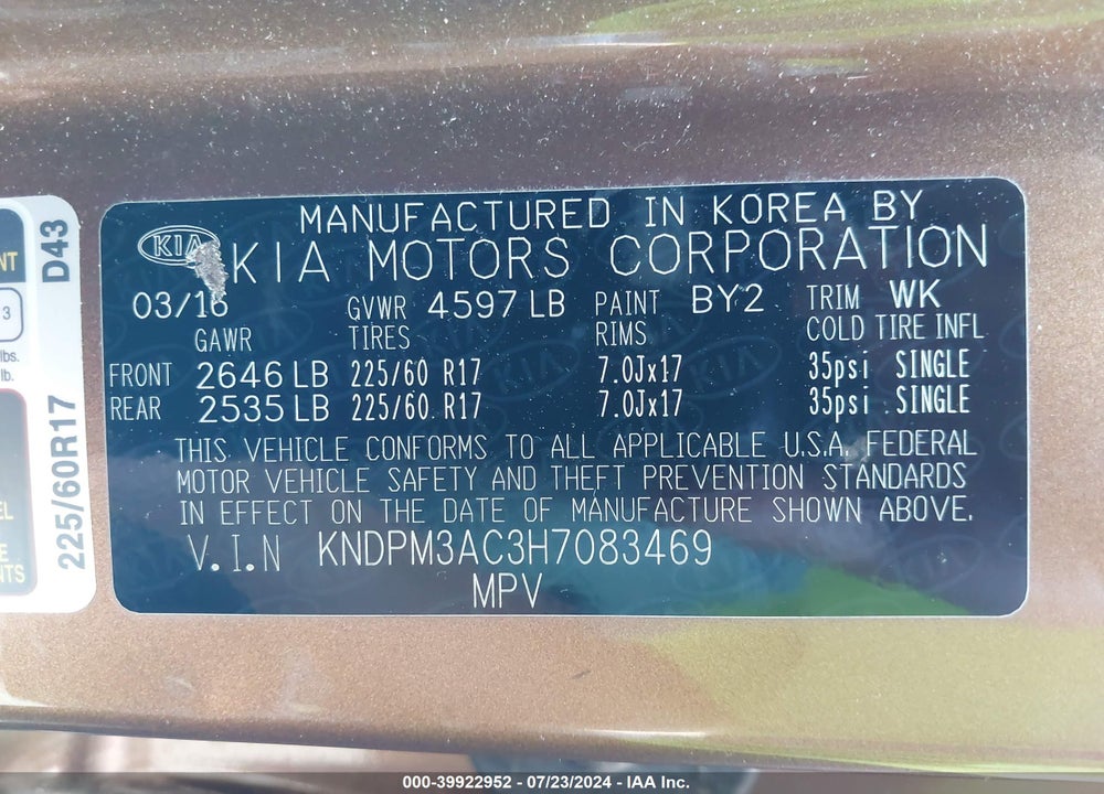 2017 KIA SPORTAGE LX VIN: KNDPM3AC3H7083469