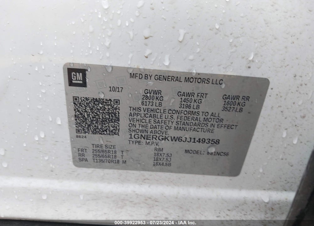 2018 CHEVROLET TRAVERSE 1LT VIN: 1GNERGKW6JJ149358