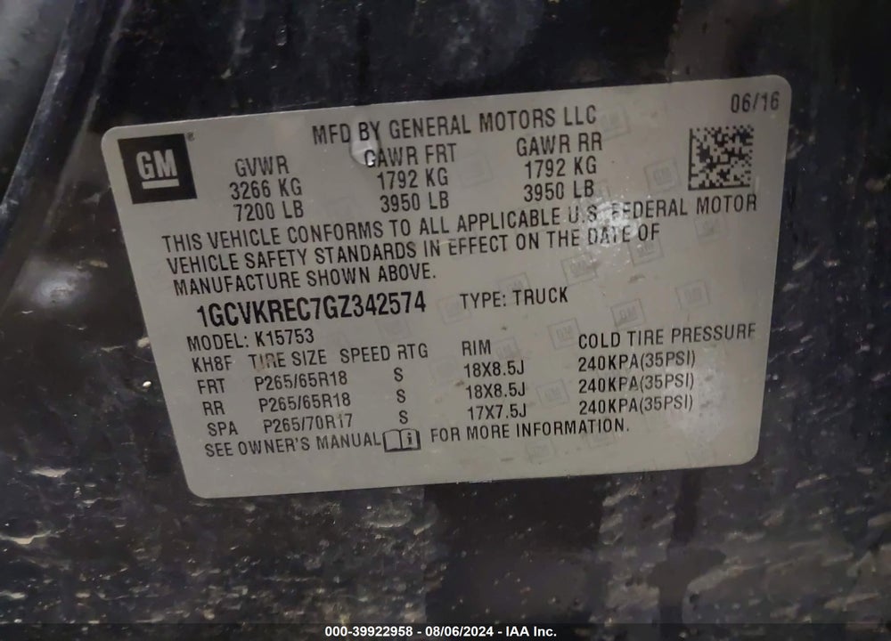 2016 CHEVROLET SILVERADO 1500 2LT VIN: 1GCVKREC7GZ342574