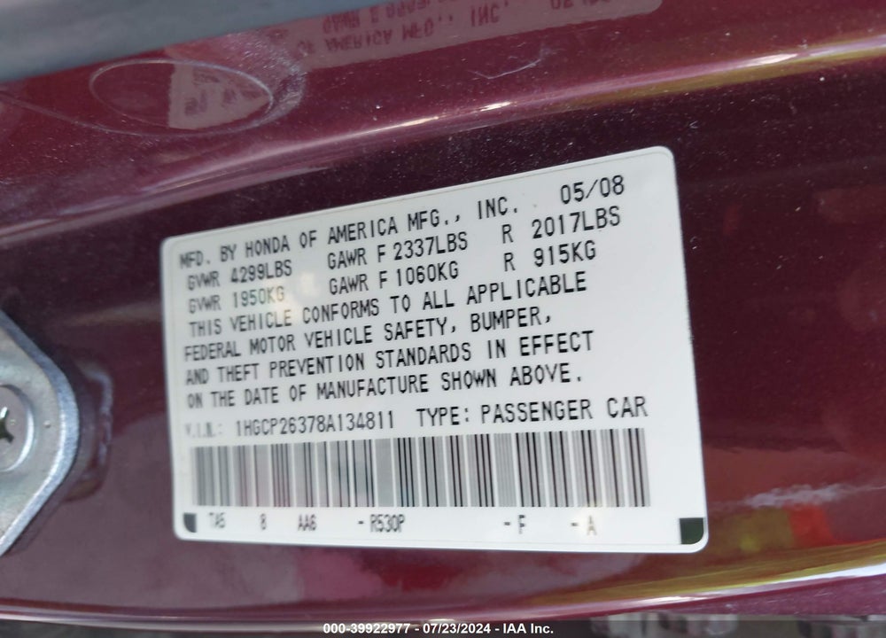 2008 HONDA ACCORD 2.4 LX VIN: 1HGCP26378A134811