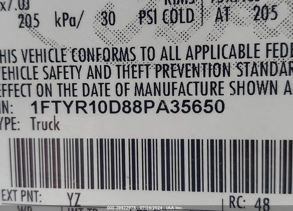 2008 FORD RANGER XL/XLT VIN: 1FTYR10D88PA35650