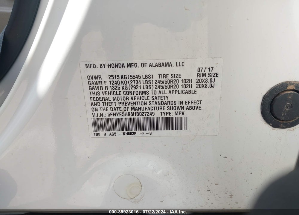 2017 HONDA PILOT VIN: 5FNYF5H98HB027249