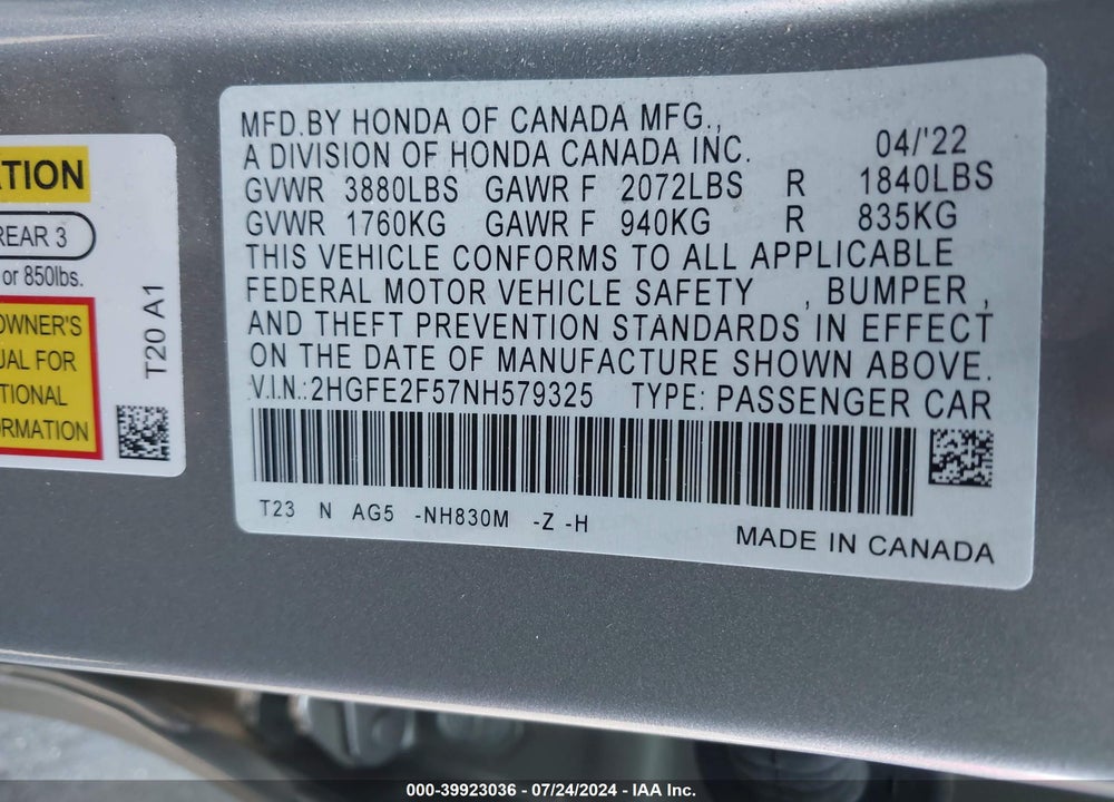 2022 HONDA CIVIC SPORT VIN: 2HGFE2F57NH579325