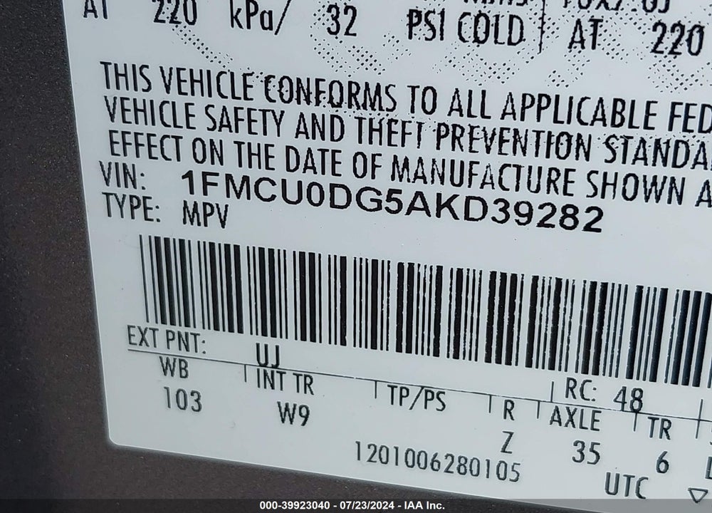 2010 FORD ESCAPE XLT VIN: 1FMCU0DG5AKD39282