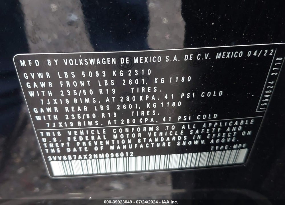 2022 VOLKSWAGEN TIGUAN 2.0T SE R-LINE BLACK VIN: 3VV8B7AX2NM096012