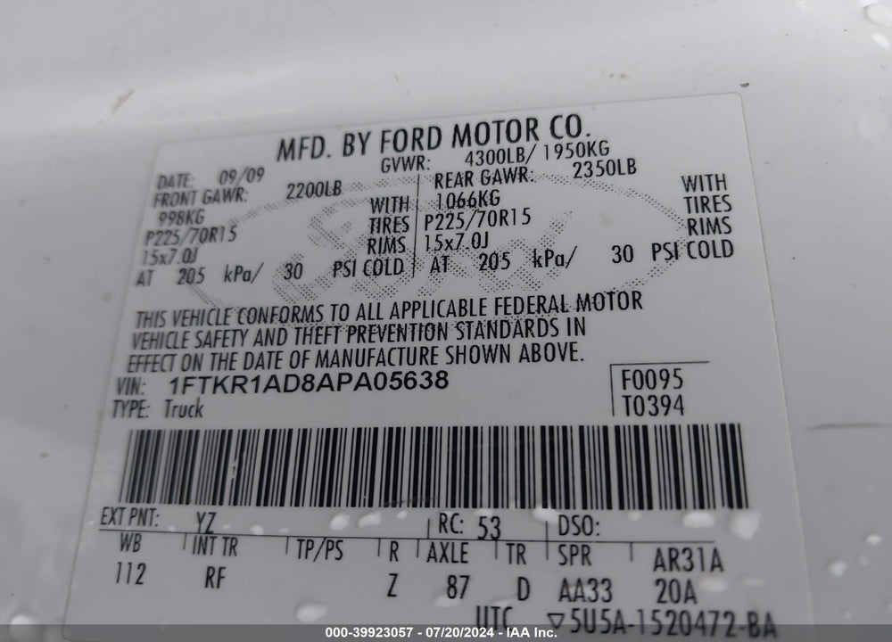 2010 FORD RANGER XL/XLT VIN: 1FTKR1AD8APA05638