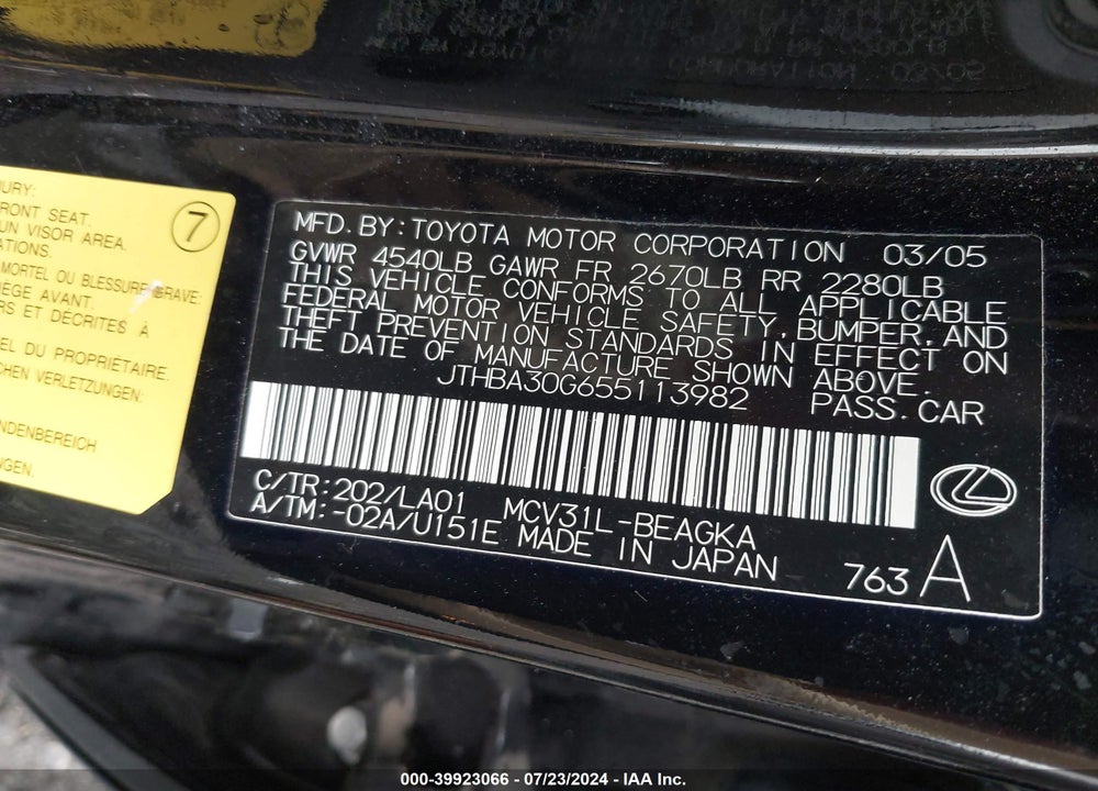 2005 LEXUS ES 330 VIN: JTHBA30G655113982