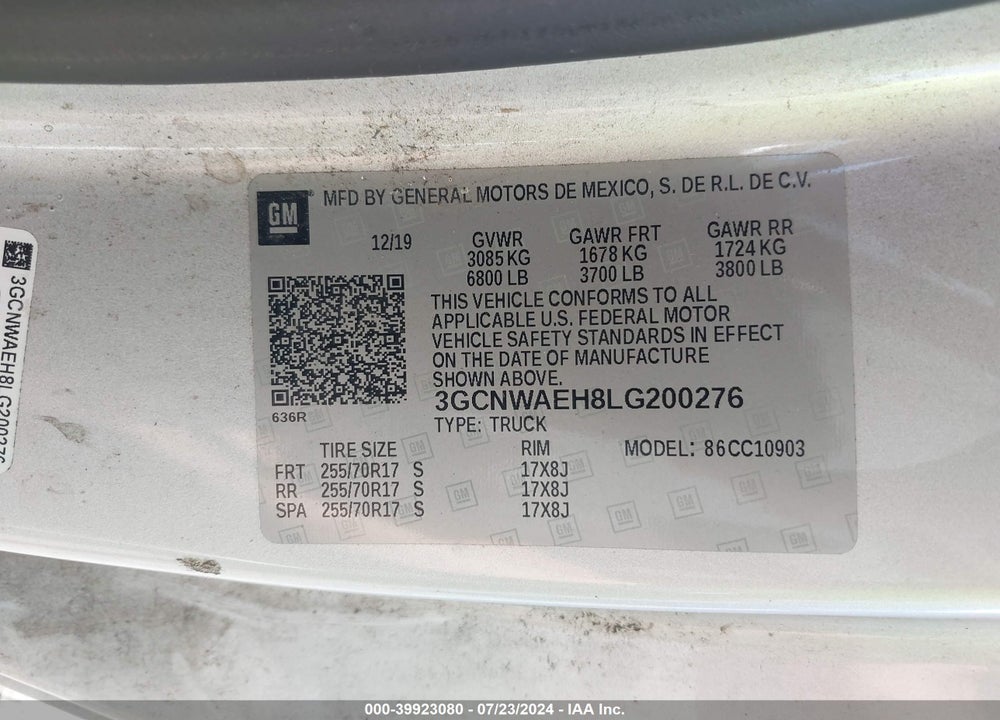 2020 CHEVROLET SILVERADO 1500 2WD REGULAR CAB LONG BED WT VIN: 3GCNWAEH8LG200276