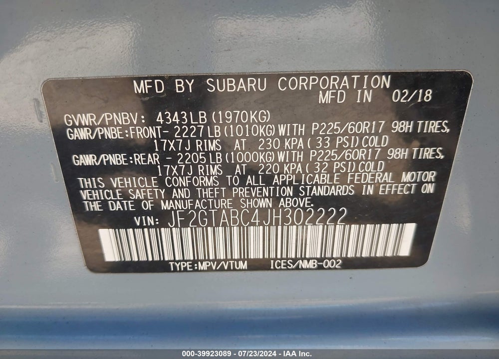 2018 SUBARU CROSSTREK 2.0I PREMIUM VIN: JF2GTABC4JH302222