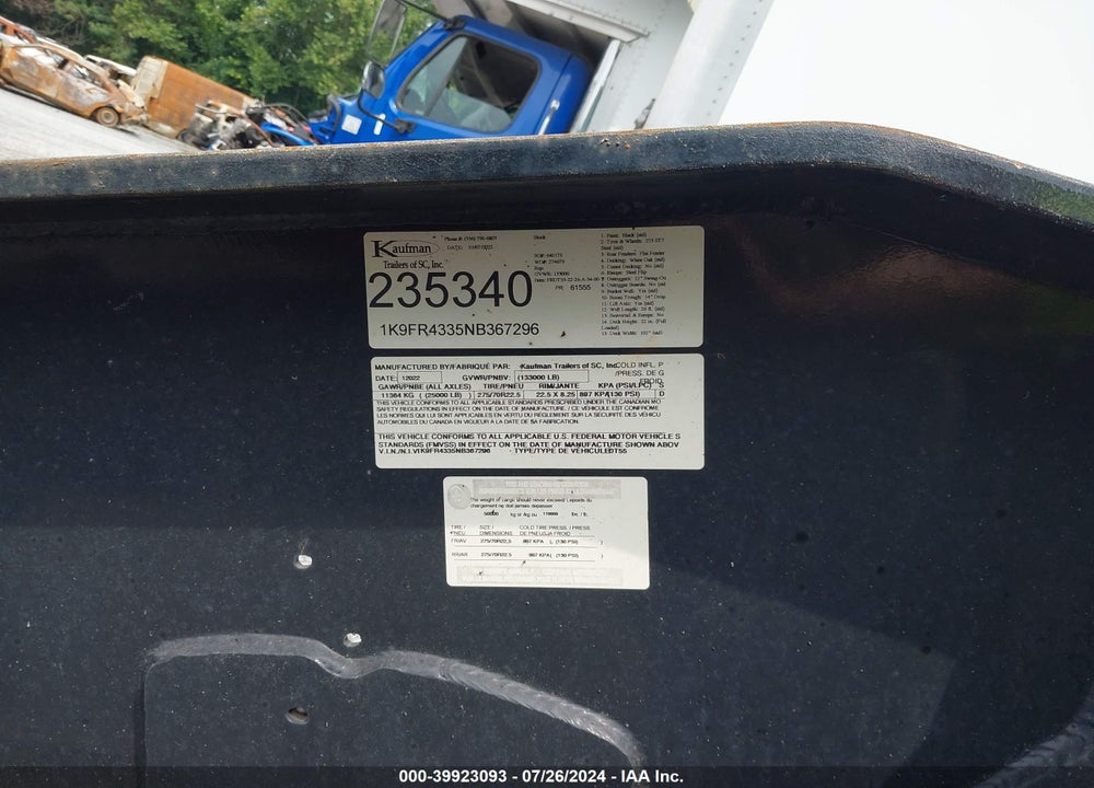 2022 TRAILER KAUFMAN VIN: 1K9FR4335NB367296