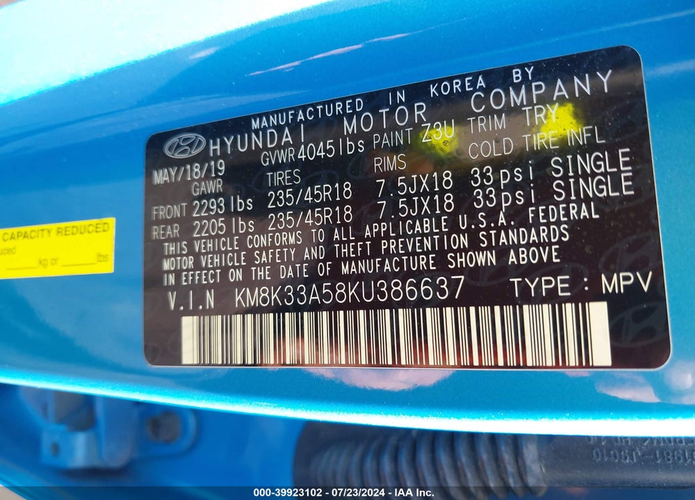 2019 HYUNDAI KONA LIMITED VIN: KM8K33A58KU386637