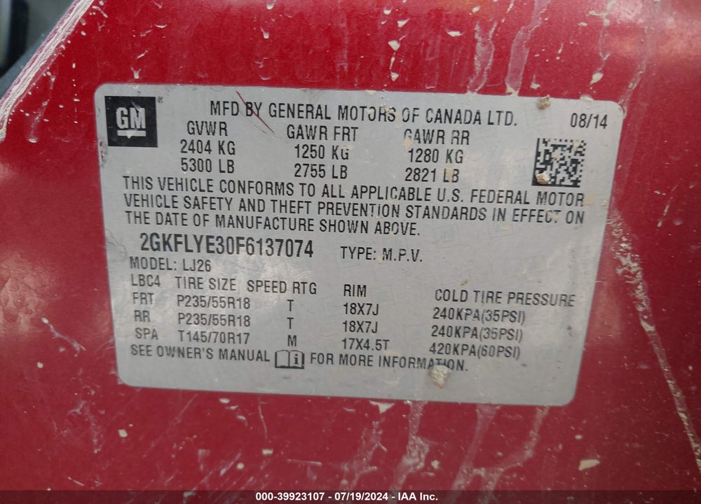 2015 GMC TERRAIN SLT-2 VIN: 2GKFLYE30F6137074