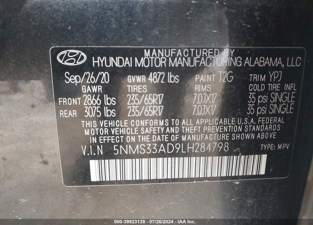 2020 HYUNDAI SANTA FE SEL VIN: 5NMS33AD9LH284798