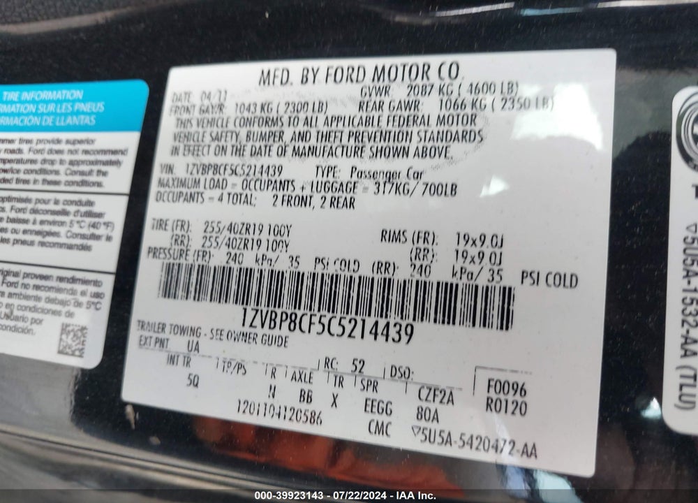 2012 FORD MUSTANG GT PREMIUM VIN: 1ZVBP8CF5C5214439