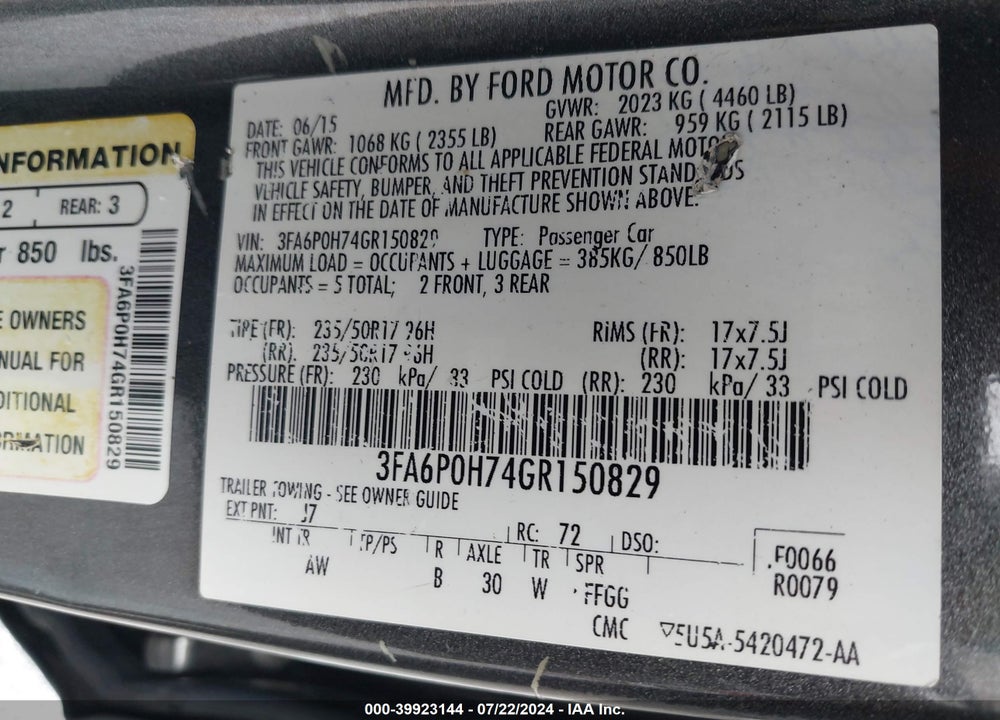 2016 FORD FUSION SE VIN: 3FA6P0H74GR150829