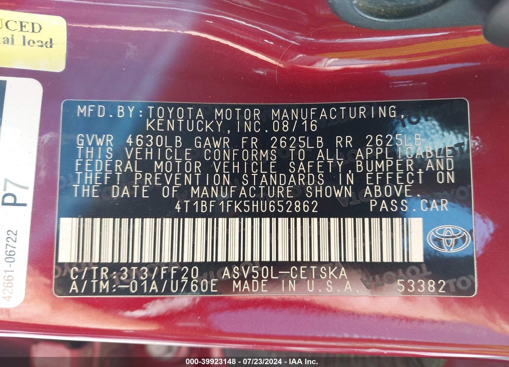 2017 TOYOTA CAMRY SE VIN: 4T1BF1FK5HU652862