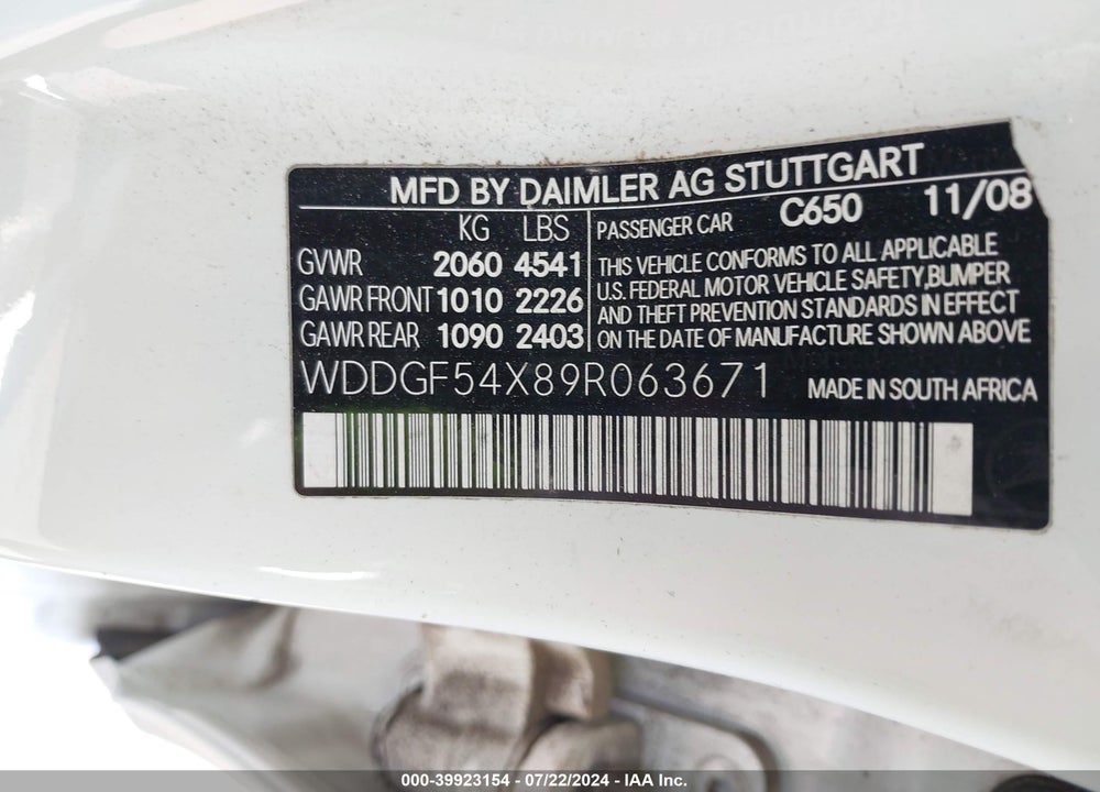 2009 MERCEDES-BENZ C 300 LUXURY/SPORT VIN: WDDGF54X89R063671