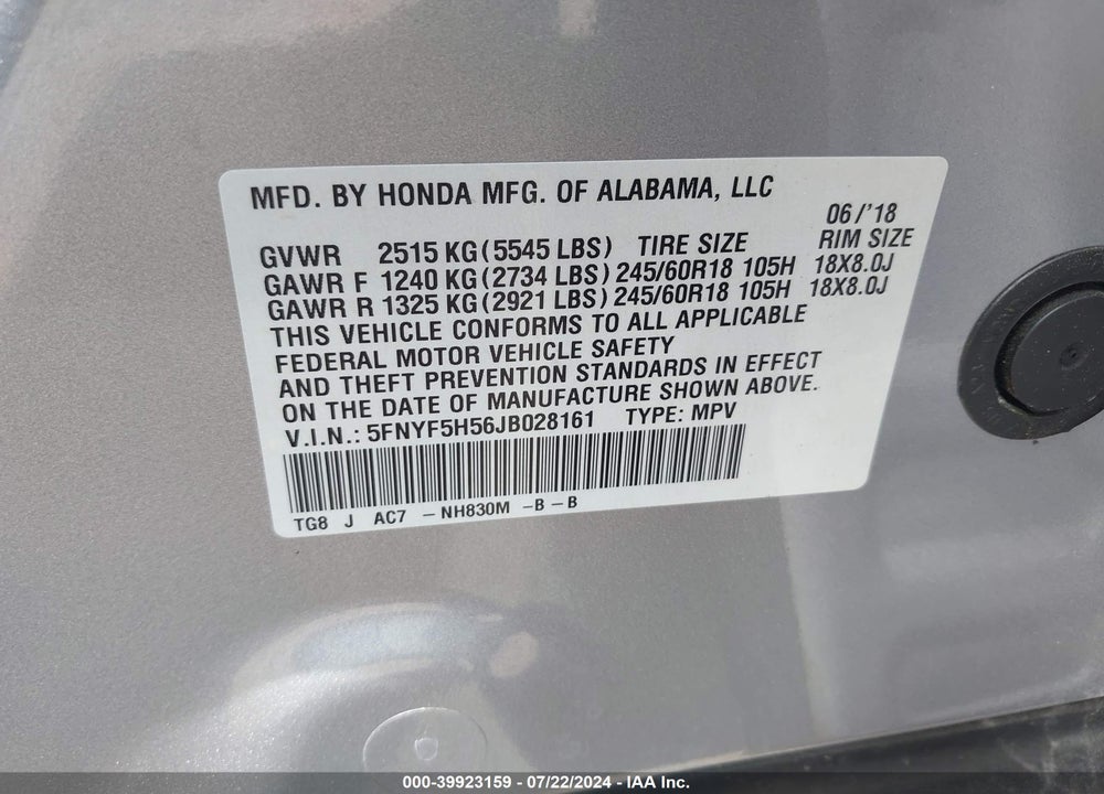 2018 HONDA PILOT VIN: 5FNYF5H56JB028161