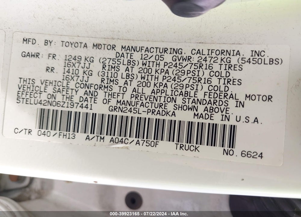 2006 TOYOTA TACOMA BASE V6 VIN: 5TELU42N06Z197441
