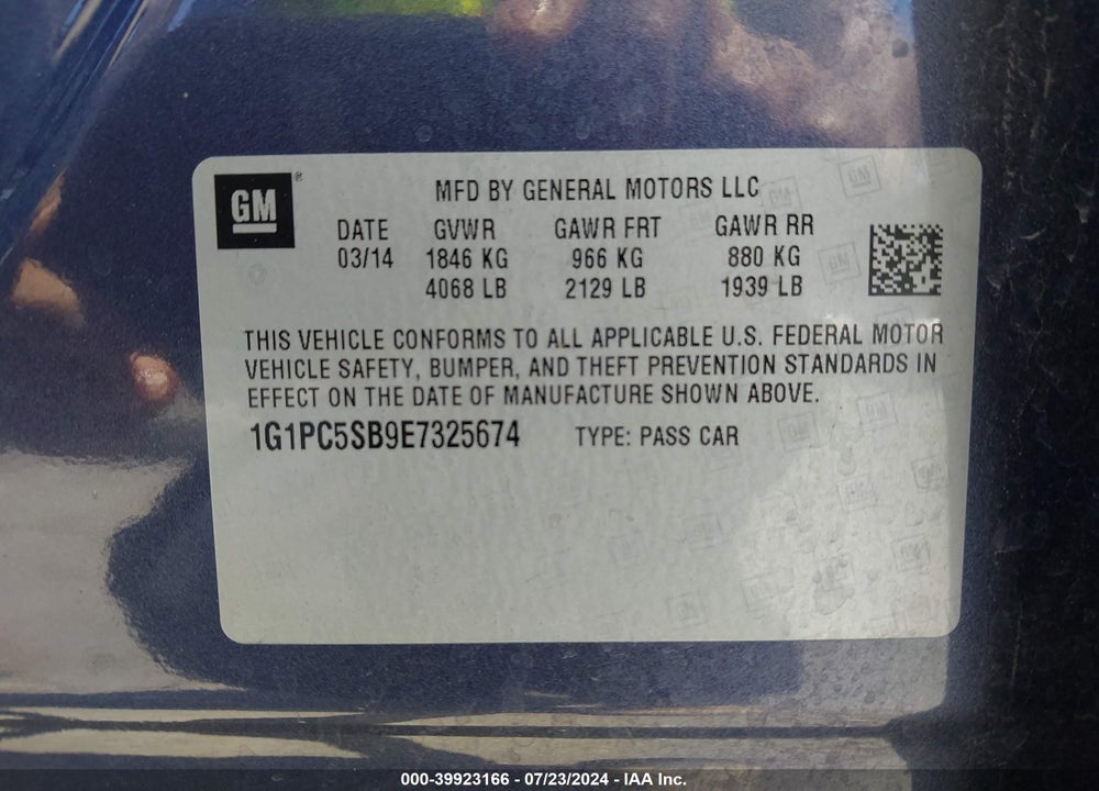 2014 CHEVROLET CRUZE 1LT AUTO VIN: 1G1PC5SB9E7325674