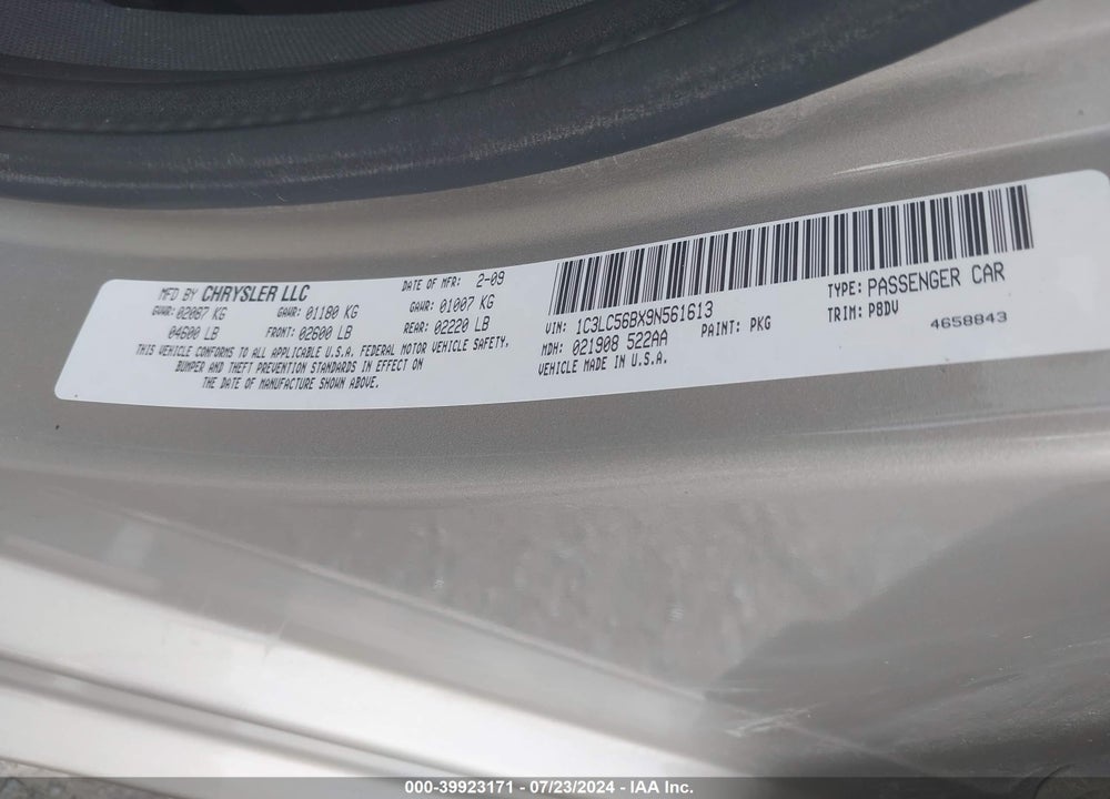 2009 CHRYSLER SEBRING TOURING VIN: 1C3LC56BX9N561613