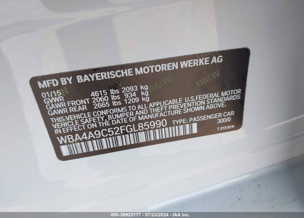2015 BMW 428 GRAN COUPE VIN: WBA4A9C52FGL85990