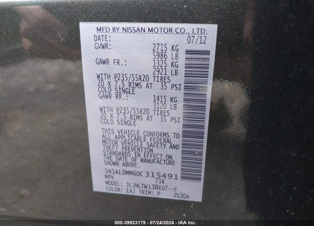 2013 INFINITI JX35 VIN: 5N1AL0MM6DC315491