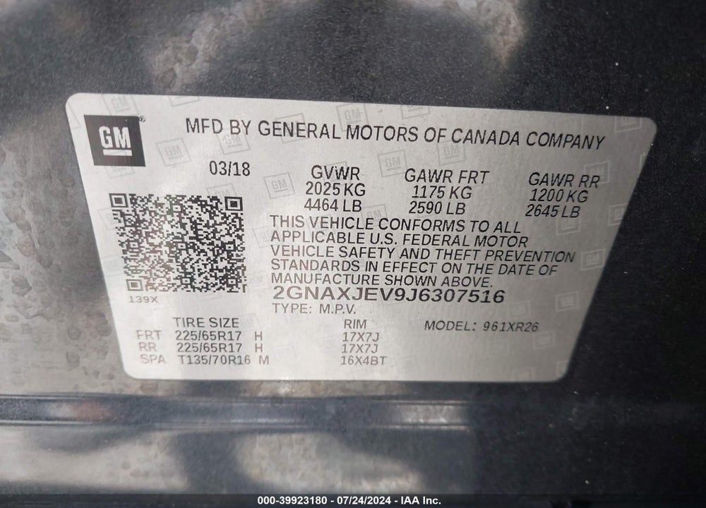 2018 CHEVROLET EQUINOX LT VIN: 2GNAXJEV9J6307516