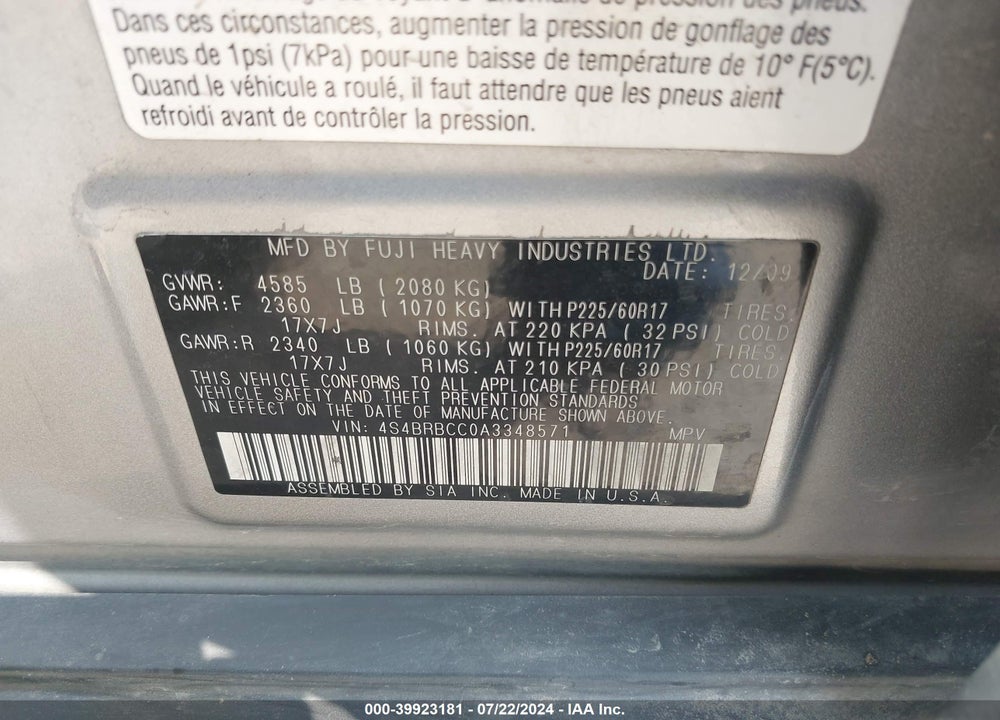 2010 SUBARU OUTBACK 2.5I PREMIUM VIN: 4S4BRBCC0A3348571